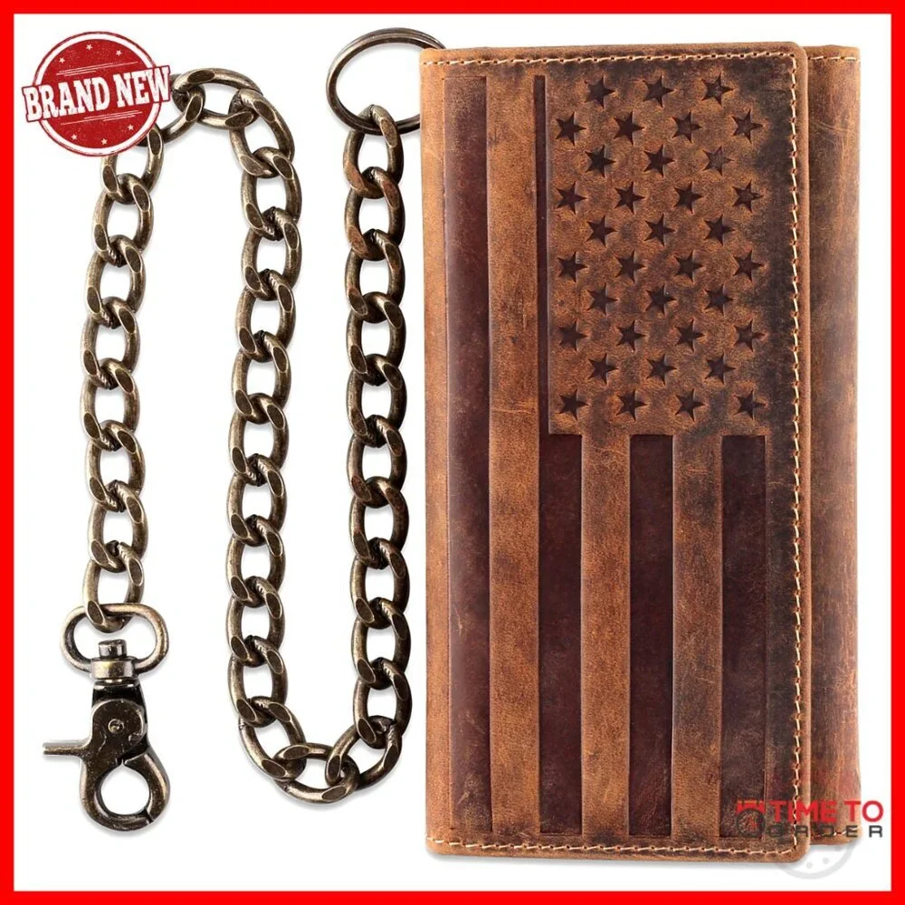 RFID Blocking Leather Wallet with Stainless Steel Chain for Men